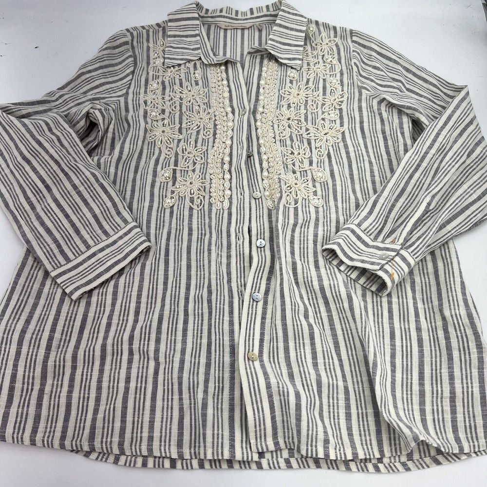 Soft Surroundings Perla floral button up tunic shirt striped yarn sequin Medium